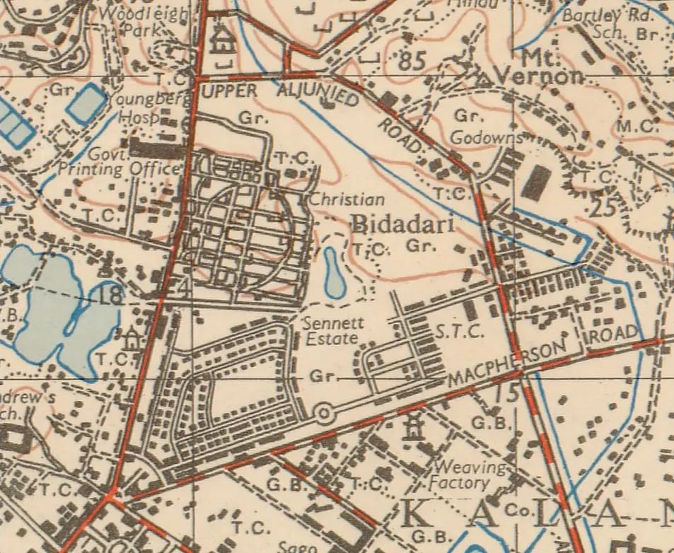 Sennett Estate in the 1953 map. Survey Department Collection, courtesy of National Archives of Singapore.